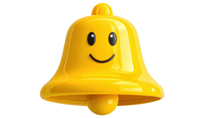 A smiling, shiny yellow bell with a top nub, set against black