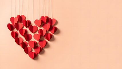 Red heart shaped paper cutouts hanging on strings against a peach background