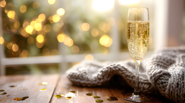 dcf. A champagne flute with golden bubbles on a wooden table beside a cozy blanket and festive confetti. bar promotions, beverage menus, designed for food & beverage menus and cafe branding.