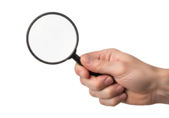 Hand holding a magnifying glass isolated on transparent background