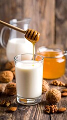 Milk in a glass is drizzled with honey, set amongst walnuts and almonds on rustic wooden surface with a jar of honey