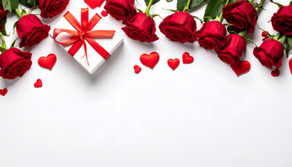 Arrangement of roses, hearts, and gift box on white surface, top-down studio shot, Valentine flat lay