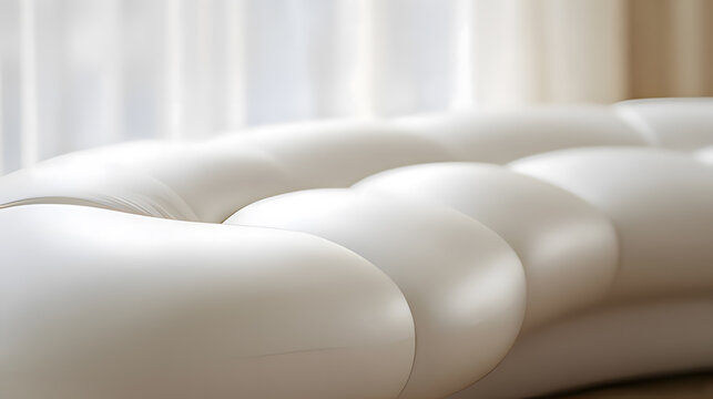 contrapositive. A minimalist, flowing arc of upholstered seating on a blurred neutral background. real-estate listings.