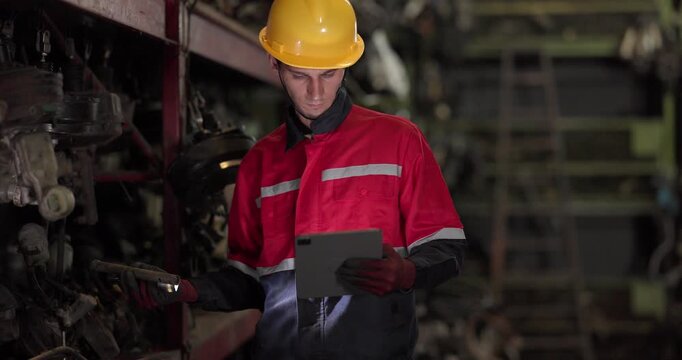 A warehouse technician uses a flashlight and tablet to examine used automotive parts on dim shelves, conducting quality and inventory checks.
