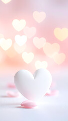 Minimal Valentine background, white and blush tones, subtle heart bokeh, vertical layout, clean stock photo style