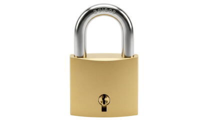 Brass padlock isolated PNG, security lock with metal shackle for safety and protection, golden color, on transparent background