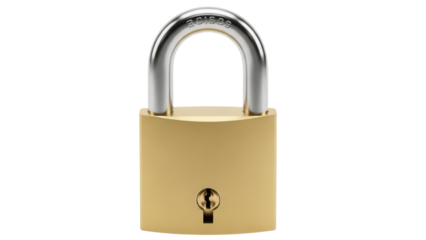 Brass padlock isolated PNG, security lock with metal shackle for safety and protection, golden color, on transparent background