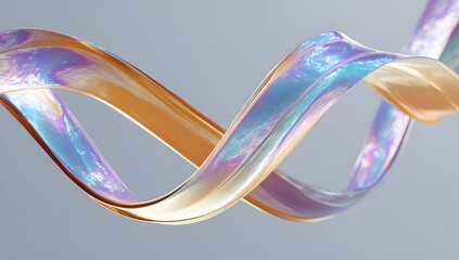 Abstract iridescent ribbon fluidly twisting and swirling with a soft gradient of pearlescent colors against a neutral background creating a sense of motion and elegance