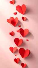 Romantic vertical background with red paper hearts falling gently, soft shadows, pastel color palette