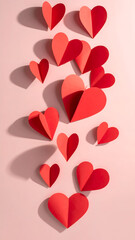 Romantic vertical background with red paper hearts falling gently, soft shadows, pastel color palette