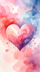 Romantic watercolor heart background, soft brush texture, vertical layout