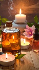 Spa still life featuring lit candles, massage oil, smooth stones, and pink flower on a wooden surface
