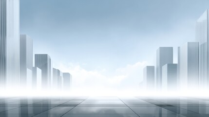Fototapeta premium Futuristic Cityscape with Glassy Reflections and Cloudy Blue Sky in a Minimalist Style for Technology and Landscape Concepts