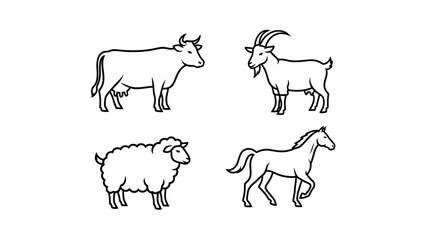 Set of four stylized line art icons representing common farm animals including a cow a goat a sheep and a horse for agricultural design elements