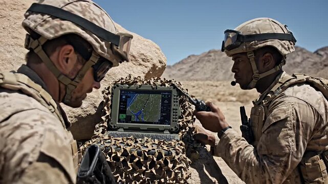Soldiers coordinate mission using field computer and radio in desert