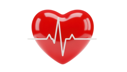 Red heart with heartbeat line isolated PNG, medical symbol on transparent background for healthcare and cardiology design