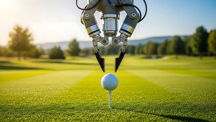 Robotic golf swing on green course.