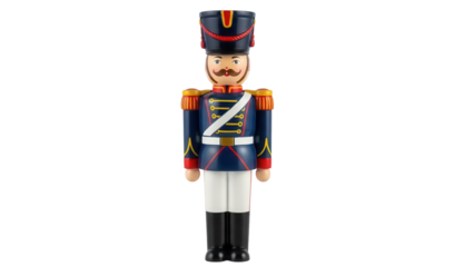 Wooden toy soldier isolated PNG, traditional Christmas decoration figurine with blue uniform and mustache on transparent background