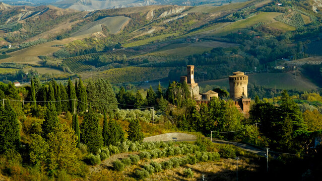 Foliage d'autunno nei vigneti del vino Sangiovese delle colline bolognesi. Imola, Bologna, Emilia Romagna. Italia	