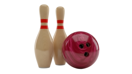 Bowling ball and pins PNG isolated on transparent background, sport equipment for bowling alley and recreational activity