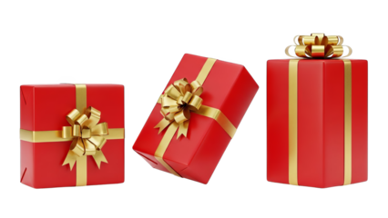 Three red gift boxes with golden ribbons and bows isolated on white.