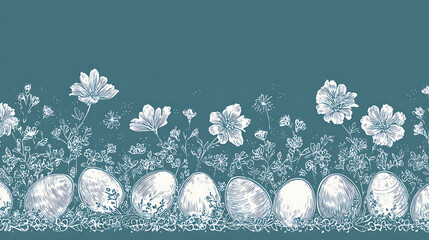 Obraz premium Easter Eggs and Floral Border in White Sketch Style