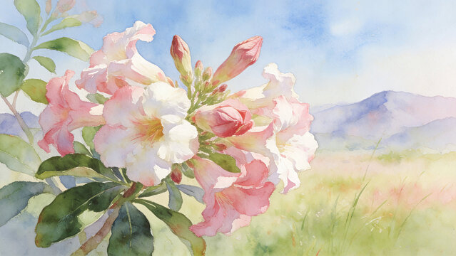 Serene Desert Rose Blossoms in Watercolor with Mountain Landscape ,Ethereal Watercolor Illustration of Blooming Desert Rose in Soft Sunlight