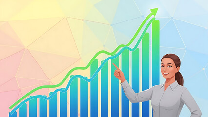 business growth concept illustration showing a professional woman pointing at a rising bar chart with trend lines for financial analysis.