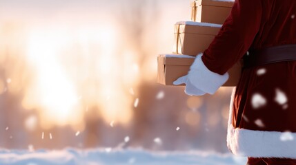Snowy outdoor landscape shows a person in a red coat carrying stacked parcels amid falling snow with warm glow