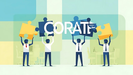 business teamwork collaboration professionals connect puzzle pieces spelling corate symbolizing corporate strategy and problem solving.