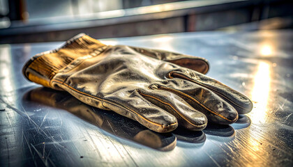 Protective Glove on a Metallic Surface: A weathered, robust glove lies on a gleaming metallic surface, hinting at a scene of diligent work or manual craftsmanship.