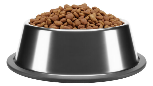 Shiny metal pet bowl full of dry food PNG isolated, dog or cat feeding dish on transparent background, domestic animal care