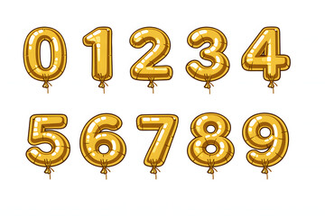 Golden Number Balloons: A set of ten golden number-shaped balloons, each representing a digit from zero to nine, playfully arranged and ready to bring a touch of festivity to any celebration.