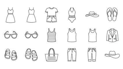 A collection of simple black outline icons representing various essential summer clothing items and accessories perfect for vacation packing or daily casual wear.