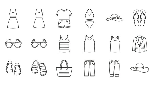 A collection of simple black outline icons representing various essential summer clothing items and accessories perfect for vacation packing or daily casual wear.