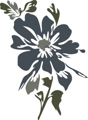 Bold dark blue vintage flower illustration in a stencil cutout style. This artistic botanical bloom with olive leaves is ideal for retro logos, textile prints, and elegant wedding invitations