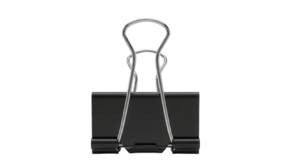 Black binder clip PNG isolated on transparent background, office supply for holding papers and documents together, stationery item