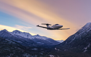 Fototapeta premium Private Jet Soaring Over Snowy Mountains at Sunset in British Columbia Landscape – 3D Rendering