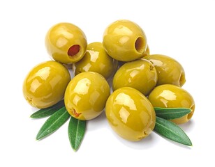 Pile of glossy green olives with pimento filling, resting on a few vibrant green leaves