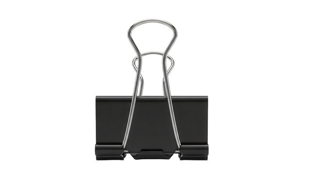 Black binder clip PNG isolated on transparent background, office supply for holding papers and documents together, stationery item