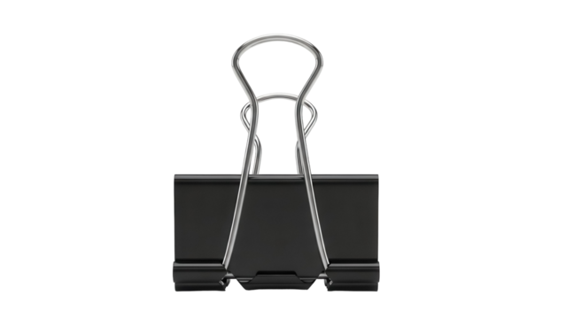 Black binder clip PNG isolated on transparent background, office supply for holding papers and documents together, stationery item - Powered by Adobe