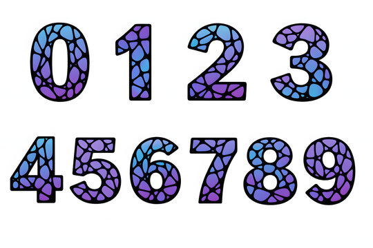 Stained-Glass Numbers: A captivating collection of numbers from zero to nine, designed in a stained-glass style, each digit shimmering with intricate patterns and vibrant hues.