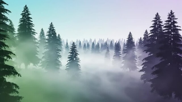 Soft gradient colors suggesting a tranquil and misty forest line in a highly atmospheric and minimalist parallax motion background modern, website, art