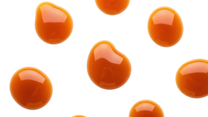 Delicious caramel candies isolated PNG on transparent background, sweet dessert drops for confectionery and food design projects