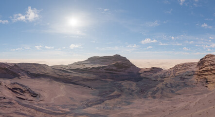 Naklejka premium Desert Canyon Sunrise Landscape With Rocky Plateaus And Bright Sky In 3D Rendering