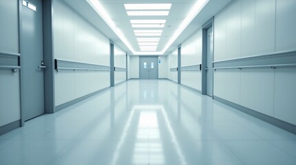 Fototapeta premium It features glossy floors, pale paneled walls, metal doors, and handrails, with ceiling lights reflecting sharply—creating a sterile, modern healthcare environment.