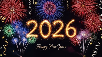 Celebratory New Year Fireworks Display with 2026 and festive decorations