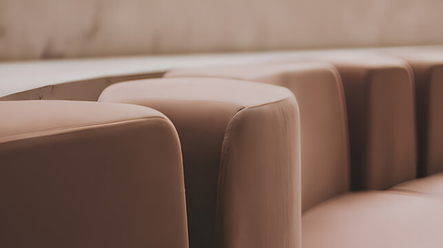 contrapositive. A minimalist, flowing arc of upholstered seating on a blurred neutral background. real-estate listings.