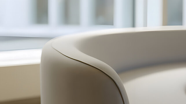 contrapositive. A minimalist, flowing arc of upholstered seating on a blurred neutral background. real-estate listings.