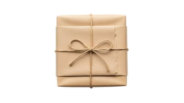 Beige gift box with twine isolated PNG, wrapped present for Christmas or birthday on transparent background, minimalist packaging